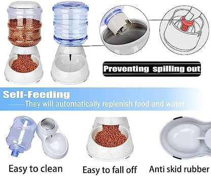 Old Tjikko Automatic Feeder and Water Dispenser in Set,Gravity Food Feeder and Waterer with Pet Food Mat,Large, 3 Gallonx 2, Gray (Water and Food Dispenser Set)