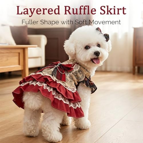 Dog Dress, Vintage Gothic Princess Dog Dress, Multi-Layer Ruffle Skirt with Statement Bow & Pendant Detail, Girl Dog Clothes for Birthday, Wedding, Party, Photoshoot(XL) - Image 3