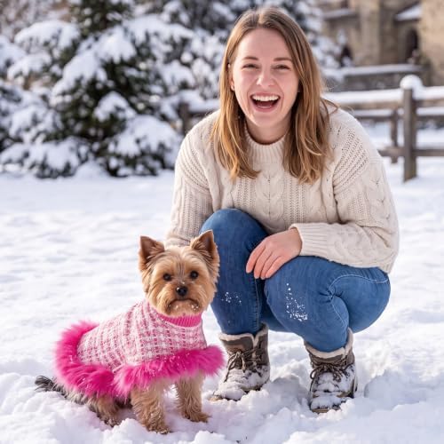 Pink Dog Sweater Cloak, Pearl Cotton Bouclé Yarn Puppy Sweater, Cold Weather Coat Knitwear for Small Dogs, Classic Turtleneck Thick Dog Clothes with Thick Fluff DS-DP07S - Image 6