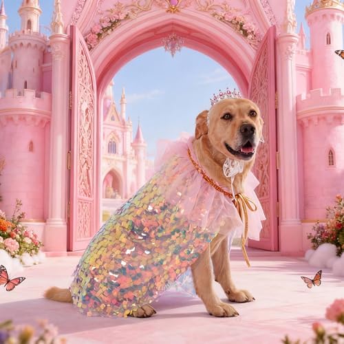 FLAdorepet Dog Cape Princess Costume with Crown,Pet Birthday Outfit Dress,L - Image 4