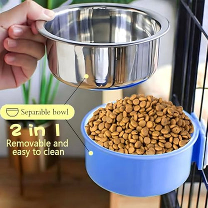 Hamiledyi 2-Pack Hanging Dog Bowls with Removable Stainless Steel Feeder - Spill-Proof Crate Bowls for Kennel/Cage, Puppy to Medium Dogs, Cats, Rabbits & Guinea Pigs (Durable Pet Food & Water Dishes)