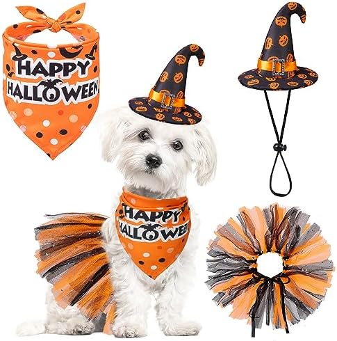 SCENEREAL Small Dog Halloween Costumes, Bandana Hat Dress Set, 3pcs Puppy Party Supplies, Soft Triangle Scarf, Cute Tutu Skirt Outfit for Girl Boy Pet by SCENEREAL