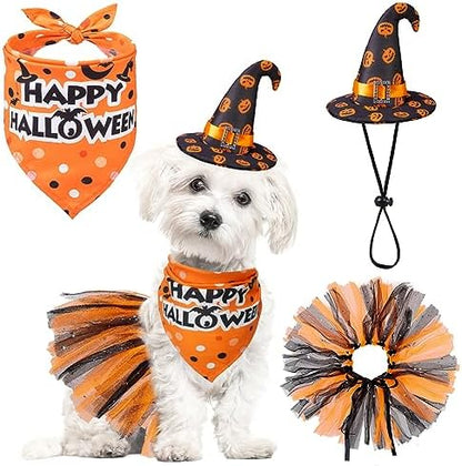 SCENEREAL Small Dog Halloween Costumes, Bandana Hat Dress Set, 3pcs Puppy Party Supplies, Soft Triangle Scarf, Cute Tutu Skirt Outfit for Girl Boy Pet by SCENEREAL