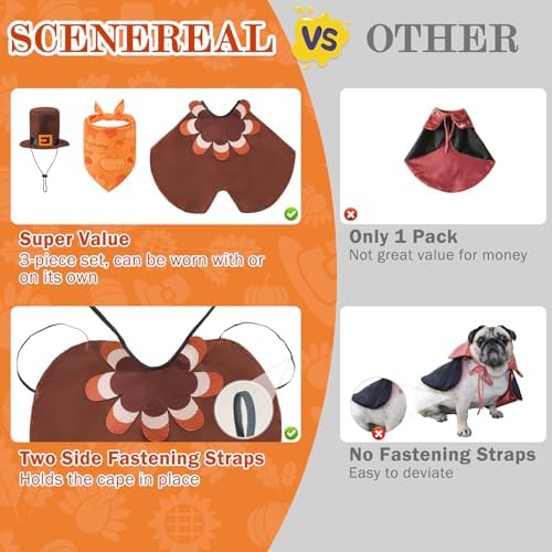 SCENEREAL Thanksgiving Dog Costume, Puppy Bandana Cloak and Hat Set with Pumpkin Maple Leaf Pattern, Funny Pet Holiday Turkey Outfits Clothes for Small Medium Dogs Boys Girls Cats - Image 6