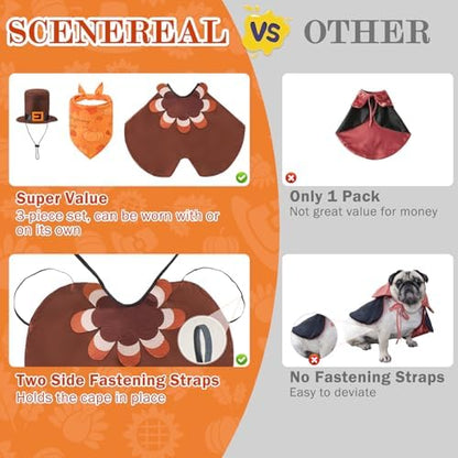 SCENEREAL Thanksgiving Dog Costume, Puppy Bandana Cloak and Hat Set with Pumpkin Maple Leaf Pattern, Funny Pet Holiday Turkey Outfits Clothes for Small Medium Dogs Boys Girls Cats - Image 6