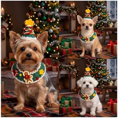 Christmas Dog Costume,Handmade Cat Holiday Outfit with Christmas Tree Hat & Gingerbread Man Scarf Set,Adjustable,Lightweight & Breathable Pet Accessories for Rabbit Xmas Party & Photos - Image 4