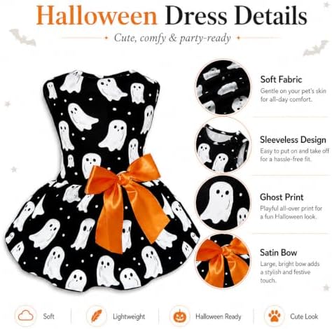 Halloween Dog Dress Ghost Print Pet Costume with Orange Bow Soft Fabric 5 Sizes for Small & Medium Dogs Cute & Comfortable Holiday Outfit - Image 4