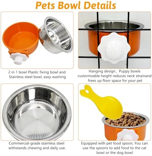 Hamiledyi Crate Dog Bowl Cat - Removable Stainless Steel Hanging No Spill Pet Bowl for Kennels Durable Detachable Design Fits Small Medium Dog Cages (2 Pcs, Orange