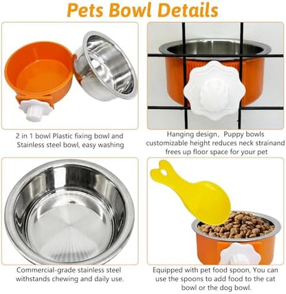 Hamiledyi Crate Dog Bowl Cat - Removable Stainless Steel Hanging No Spill Pet Bowl for Kennels Durable Detachable Design Fits Small Medium Dog Cages (2 Pcs, Orange