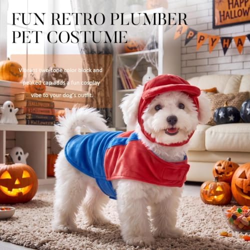 Dansydaisy Dog Halloween Costume Set Funny Red Overalls Outfit with Hat Retro Buddy Themed Dog Clothes for Cosplay Party(Medium) - Image 4