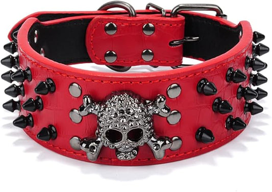 Serijoars Spiked Studded Dog Collar, PU Leather Dog Collar, Adjustable Pet Collars for Medium or Large Breed Pet (M, Red2)
