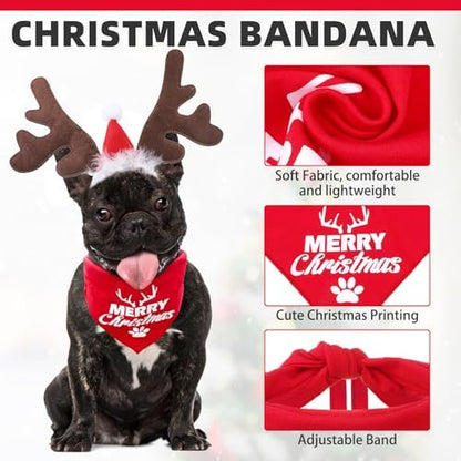 KOOLTAIL Christmas Dog Elk Reindeer Antler Headband with Santa Hat & Bandana Set, Dog Pet Christmas Costume Accessories Headwear Deer Cosplay for Small Medium Large Dogs Cats Puppy Holiday New Year - Image 3