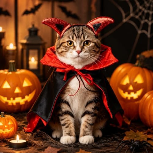 Halloween Pet Devil Costume Set for Dogs & Cats, Vampire Cape with Devil Horn Headband, Adjustable Pet Halloween Costume for Halloween Party, Photo Props(Black & Red, M) by Bekecidi