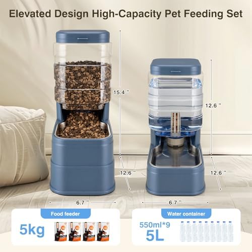 2 Pack Automatic Cat Feeder and Water Dispenser 1.3Gallon Dog Gravity Food Feeder and Water with Ice Pack Stainless Steel Dry Food and Waterer Bowl for Small Medium Large Pets (Blue)