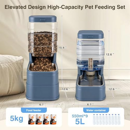 2 Pack Automatic Cat Feeder and Water Dispenser 1.3Gallon Dog Gravity Food Feeder and Water with Ice Pack Stainless Steel Dry Food and Waterer Bowl for Small Medium Large Pets (Blue)