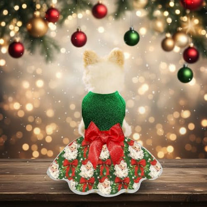 Christmas Dog Dress, Festive Holiday Pet Outfit, Shiny Green Top with Glittery Red Bow and Santa Claus Print Skirt - Image 6