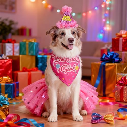 SCENEREAL Dog Birthday Bandana with Hat and Dress Girl Set, Large Dog Birthday Party Supplies, Cute Tutu Skirt Outfit for Medium Big Dogs, Rose Red XL - Image 3