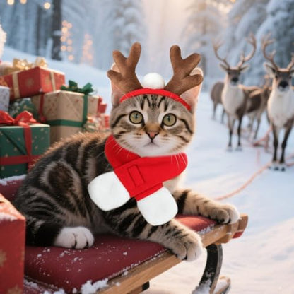 NAMSAN Pet Reindeer Costume for Cats Small Dogs Rabbits, Christmas Cat Antler Headband with Red Scarf, Small Dog Santa Deer Antler Outfit for Christmas New Year Party Cosplay Statue Decoration - Image 2