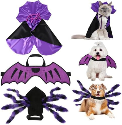 3 Pcs Halloween Costume for Dog Cat, Spider Bat Wings Cape, Purple, M by Sunnymove