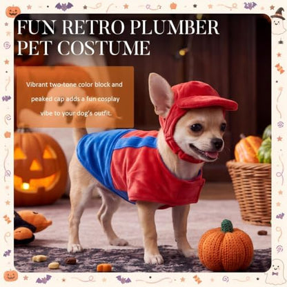 Dansydaisy Dog Halloween Costume Set Funny Red Overalls Outfit with Hat Retro Buddy Themed Dog Clothes for Cosplay Party(Small) - Image 4