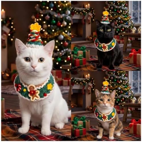 Christmas Dog Costume,Handmade Cat Holiday Outfit with Christmas Tree Hat & Gingerbread Man Scarf Set,Adjustable,Lightweight & Breathable Pet Accessories for Rabbit Xmas Party & Photos - Image 3