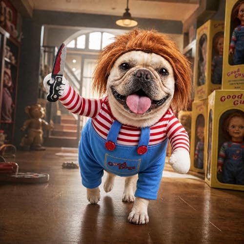Deadly Doll Dog Costume for Small Medium Large Dogs, Funny Pets Cosplay Halloween Dog Clothes for Party, Walking Illusion Puppy Outfit with Wig and Knife - Image 4