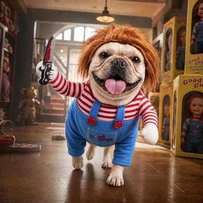 Deadly Doll Dog Costume for Small Medium Large Dogs, Funny Pets Cosplay Halloween Dog Clothes for Party, Walking Illusion Puppy Outfit with Wig and Knife - Image 4