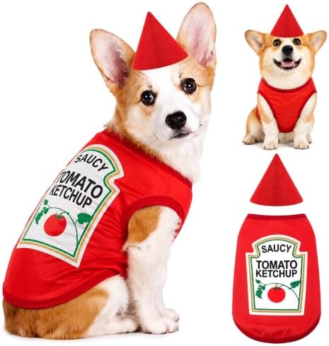 2 Pcs Halloween Dog Costume Set 2XL Tomato Ketchup Themed Pet Outfit with Matching Cone Hat Sleeveless Printed Tank Top for Medium Large Dogs Holiday Party Dress Up by Unknown