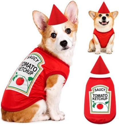 2 Pcs Halloween Dog Costume Set 2XL Tomato Ketchup Themed Pet Outfit with Matching Cone Hat Sleeveless Printed Tank Top for Medium Large Dogs Holiday Party Dress Up by Unknown