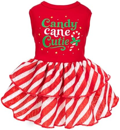 Fitwarm Candy Cane Cutie Dog Tiered Dress, Christmas Outfit for Small Dogs Girl, Funny Holiday Pet Clothes, Red, White, Green, Small by Fitwarm
