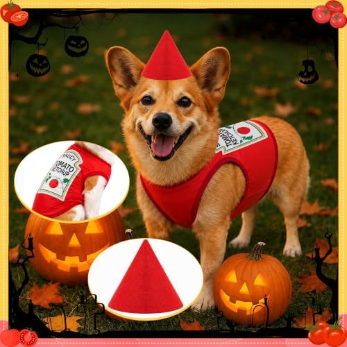 2 Pcs Halloween Dog Costume Set 4XL Tomato Ketchup Themed Pet Outfit with Matching Cone Hat Sleeveless Printed Tank Top for Medium Large Dogs Holiday Party Dress Up - Image 4