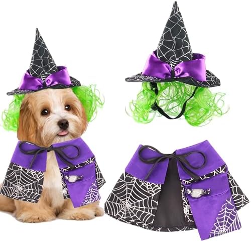 ADOGGYGO Halloween Dog Witch Costume, Purple Witch Wig Hat and Cape Set by ADOGGYGO