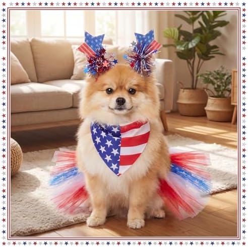 Huhumy 3 Pcs July 4th Dog Outfit Patriotic Flag Bandana Tutu Headband - Image 6