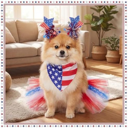 Huhumy 3 Pcs July 4th Dog Outfit Patriotic Flag Bandana Tutu Headband - Image 6