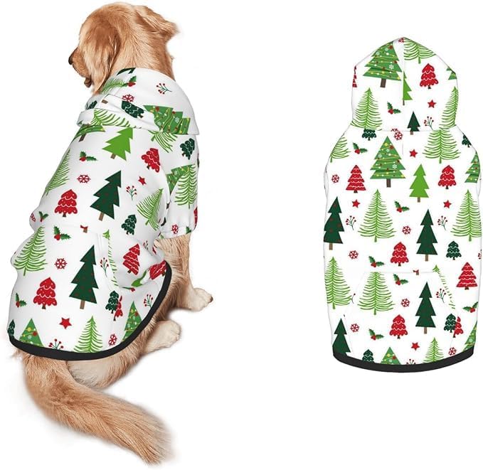 Christmas Dog Hoodie, White Tree Print, with Leash Hole by Jagfhhs