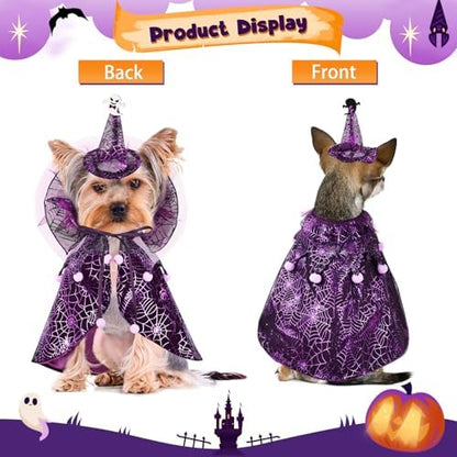 Dog Cat Halloween Costume Cobweb Tulle Cape & Wizard Hat Purple, LXL - Image 5