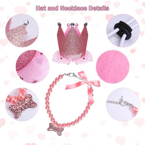 Dog Party Supplies Set - Pink Tutu Skirt, Birthday Hat, Necklace for Puppy Cat Halloween Wedding Costume - Image 2
