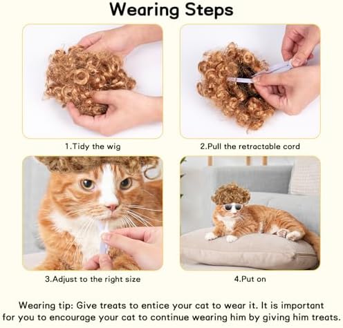 HOWWFALY Cat Apparel Cat Gold Afro Wig with White Small Glasses Styling Cute Funny Pet Hair Accessories Decoration for Halloween, Christmas, Parties - Image 5