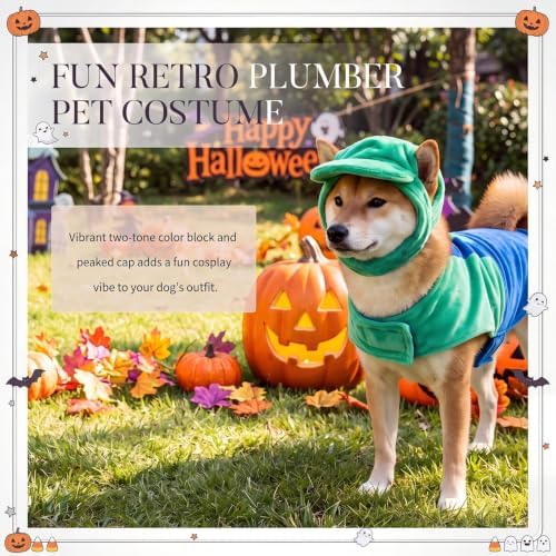 Newcotte Dog Halloween Costume Set Funny Green Overalls Outfit with Hat Retro Buddy Themed Dog Clothes for Cosplay Party(Large) - Image 4