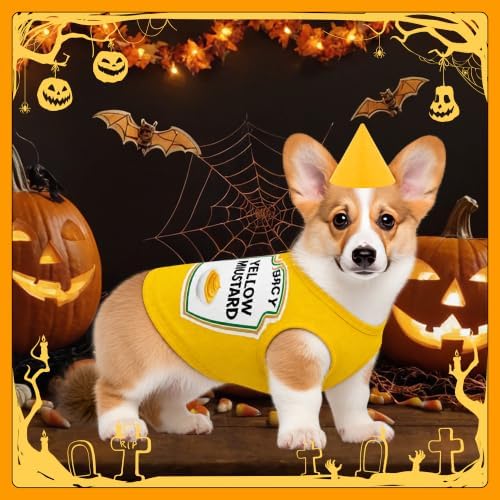 2 Pcs Halloween Ketchup and Mustard Dog Costume Set Pet Outfit with Matching Cone Hat Sleeveless Printed Tank Top for Medium Large Dogs Holiday Party Dress Up(5XL) - Image 5