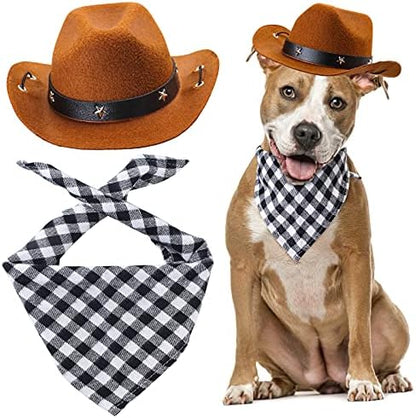 Yewong Pet Cowboy Costume Accessories - Dog Cat Pet Size Cowboy Hat and Bandana Scarf West Accessories for Puppy Kitten Party Festival and Daily Wearing Set of (Coffee Hat+Black Bib) by Yewong