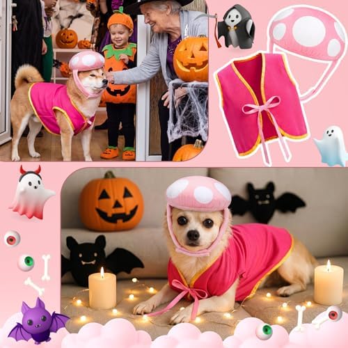 Huhumy 2 Pcs Halloween Dog Mushroom Costumes Pink Mushroom with White Hat - Image 4