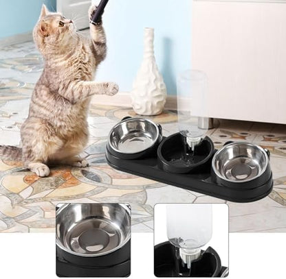 Triple Cat Bowls Pet Feeder with Water Dispenser 15° Tilted Wet and Dry Food Bowl Set for Small Dogs and Cats- Black