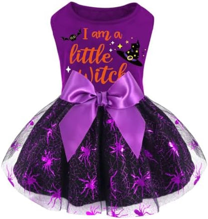 XPUDAC Halloween Dog Dress Witch Tulle Dress Holiday Dog Clothes for Small Dogs Girl, Spider Pet Costume Cat Apparel, Purple-XXS by XPUDAC