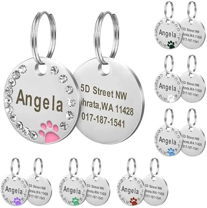 Personalized Dog/Cat Cute Paw Pet ID Tag for Pet Collar or Key Chain - Custom Laser Engraved Unique Dog/cat Name tag with Phone Number (Red, Crystals Round-Small)