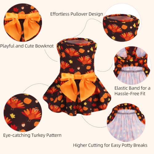 PUPTECK Thanksgiving Dog Dress with Bowtie, Orange Turkey Pumpkin Print, M - Image 4