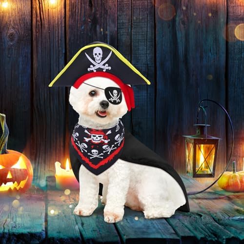 Huhumy 4 Pcs Dog Pirate Costume Hat Cape Bandana, Black, Large - Image 3