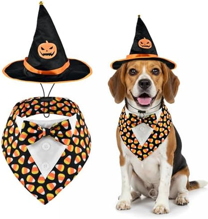 Halloween Candy Corn Dog Adjustable Tuxedo with Black Witch Hat Halloween Puppy Costume Set Halloween Carnival Theme Outfits for Cats Puppy Dog M by PetToysSupplies