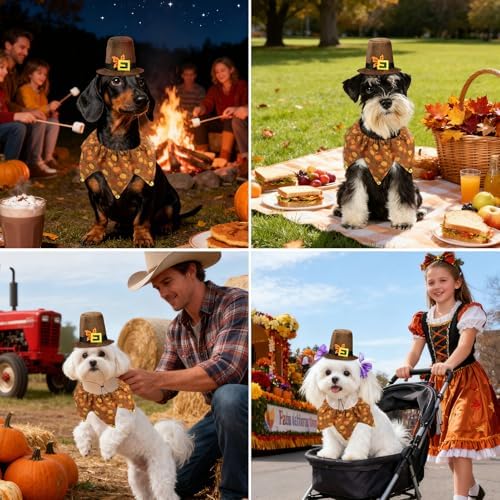 Dog Thanksgiving Costume,Thanksgiving Collar Hat Set Pets Puppy Cat Halloween Outfit Apparel Cosplay,Dog Collar with Bells and Funny Hat Accessories Decoration for Small Medium Dogs 2 Pcs,Brown - Image 6