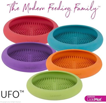 New LickiMat UFO Orange - Bathing, Shower & Grooming Distractor. Natural Rubber Large Soother Licking Nubs Treats. Unique Food and Dribble Catcher Design. Slow Feeder Dog Bowl